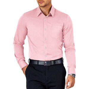 Pink Mens Dress Long Sleeve Button Down Wrinkle Free Shirt with Pocket